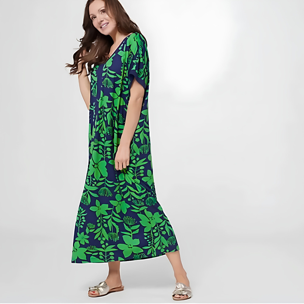 Stan Herman Tropical Hawaiian Housedress Kaftan Muu Muu Navy Blue Green Plus 1X